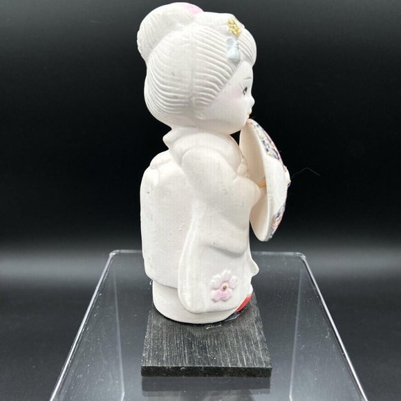 Ceramic Japanese Doll Dressed in Kimono Standing on Wood Platform - Picture 2 of 5